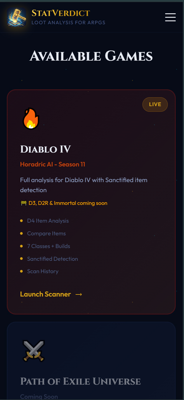 StatVerdict Available Games section showing Diablo IV as Live with Horadric AI Season 11 feature list, and Path of Exile Universe coming soon