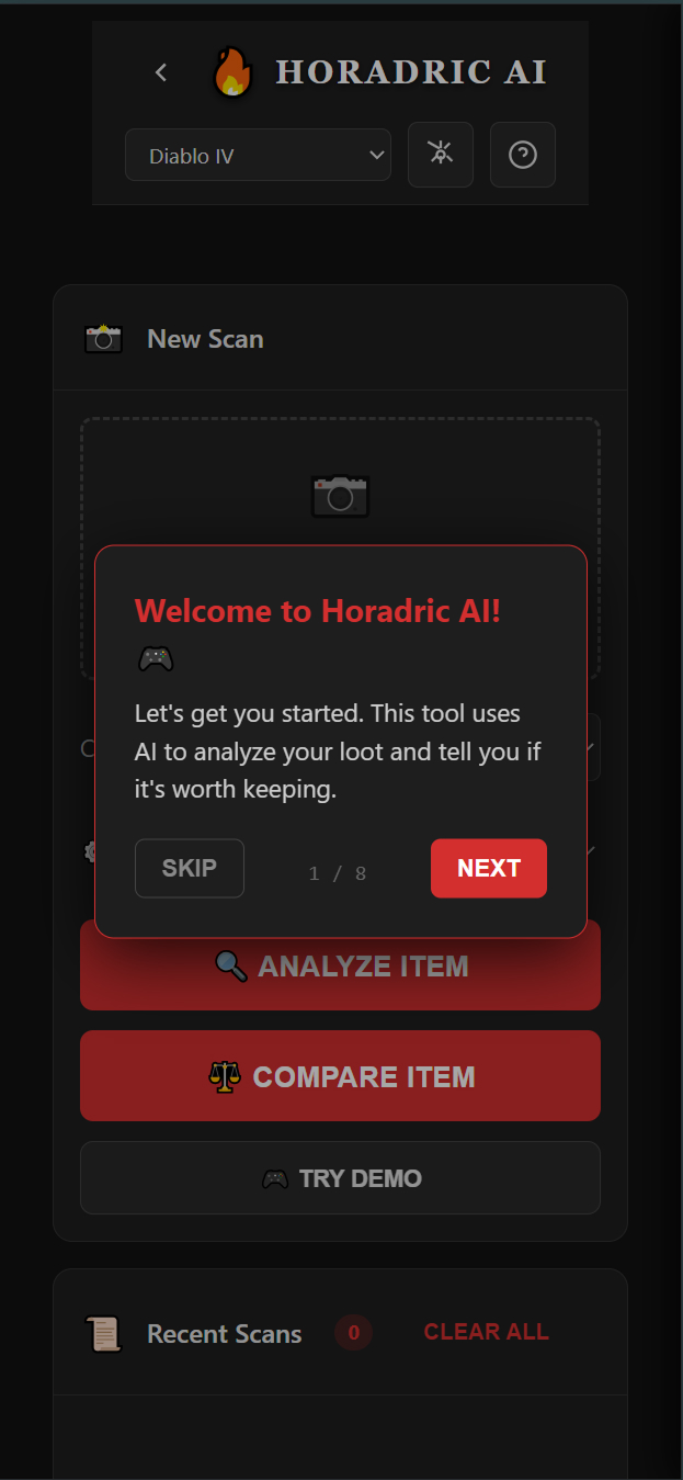 Horadric AI first-run onboarding tooltip reading Welcome to Horadric AI overlaying the scanner entry with Analyze Item, Compare Item, and Try Demo buttons